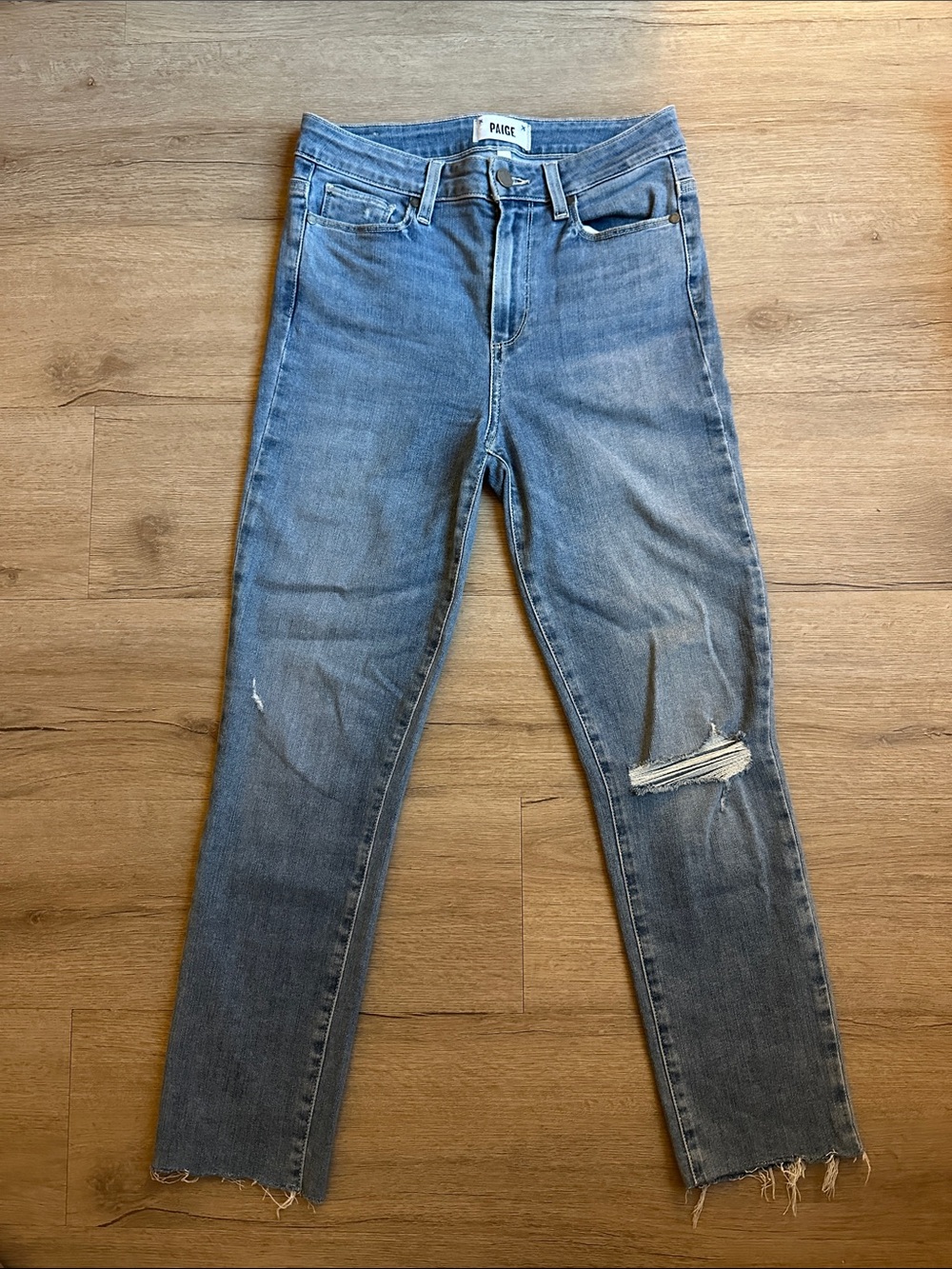 PAIGE Women's Hoxton Slim Jeans in Light Blue Wash with Knee Rip, Raw Hem